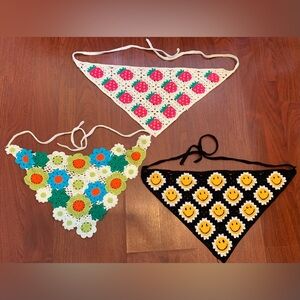 Crochet Bandana Bundle of 3-Strawberry, Smiley Face, Flower